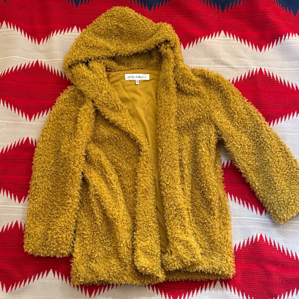 Sebby collection women’s large Mustard Yellow Hooded teddy Jacket